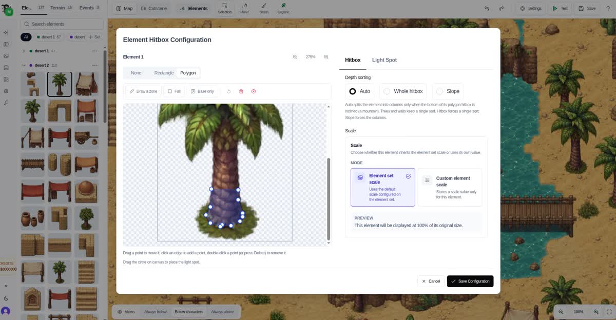 RPGJS Studio shows a polygon around the base of a palm tree in the element hitbox configuration dialog.