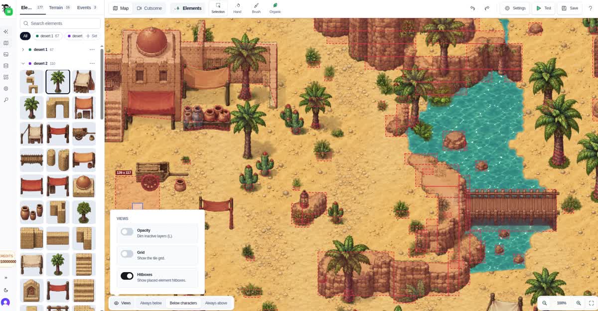 The RPGJS desert map editor displays red collision outlines around placed buildings, trees and rocks, with Hitboxes enabled.