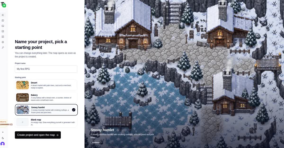 The RPGJS project creation screen lists Desert, Bakery, Snowy hamlet and Blank map, beside a snowy village preview.