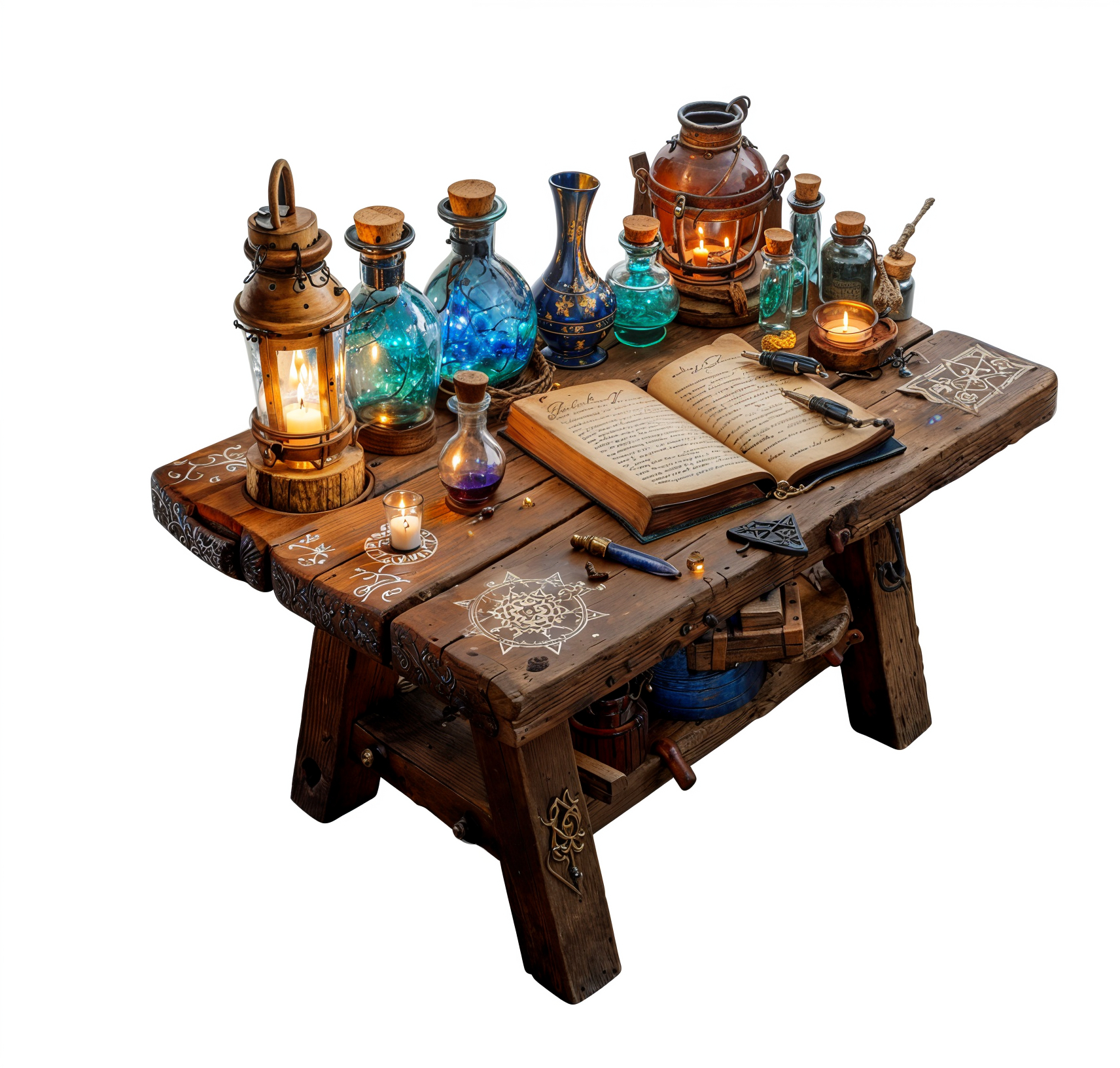 Scenario collection source image of an alchemist workbench with bottles, lanterns and an open book.
