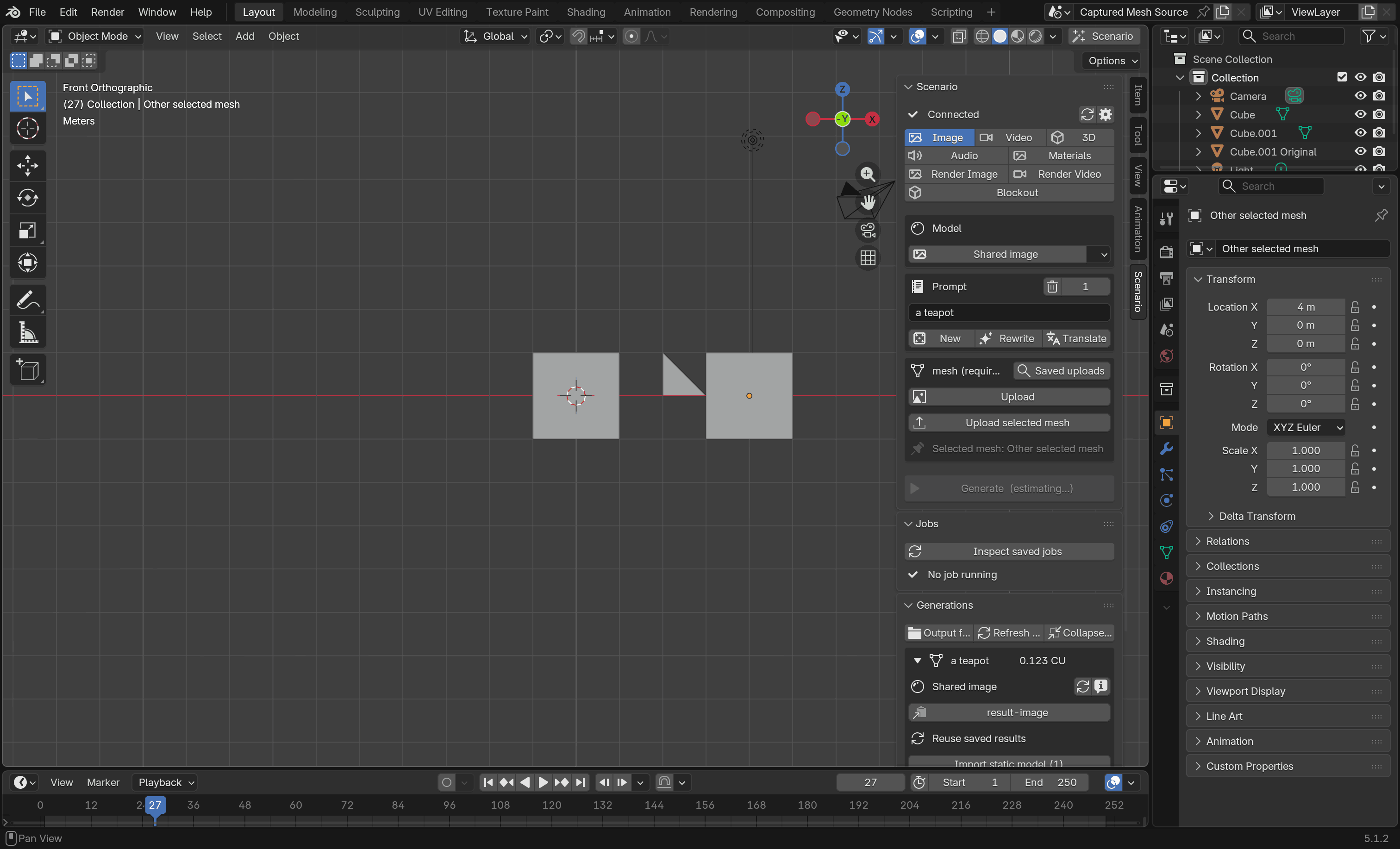 Blender shows a triangle applied to its captured source, a retained original copy and another selected mesh.