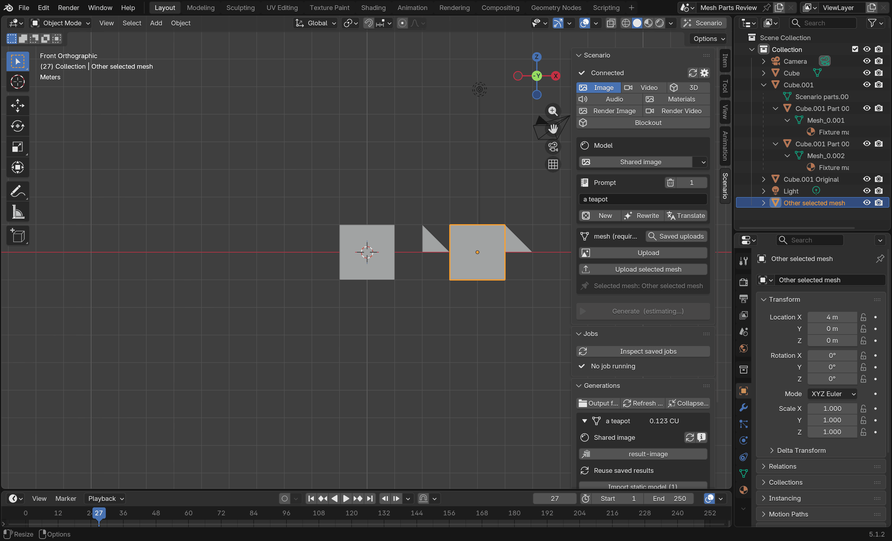 The Blender Outliner lists named parts beneath the source parent after applying a saved parts result.