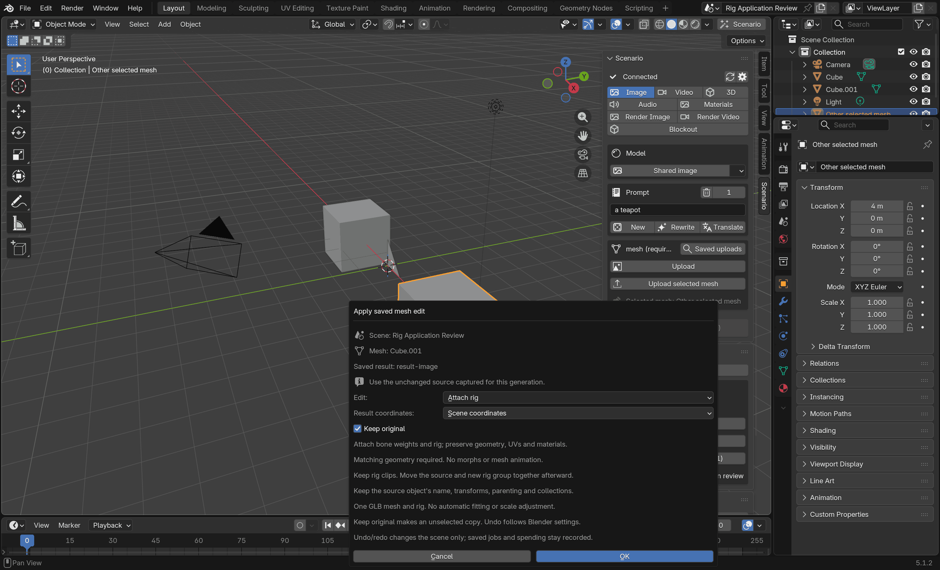 The Attach rig confirmation dialog names the captured mesh, Keep original option and geometry-matching requirement.