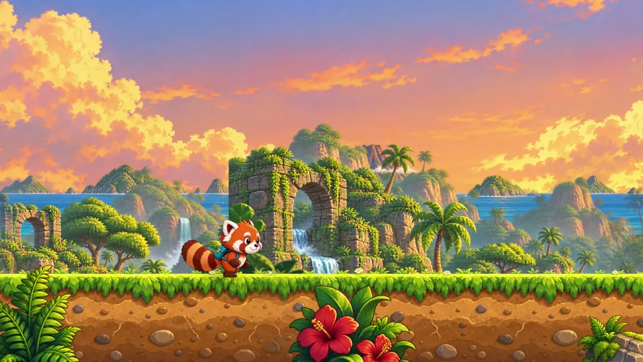 Scenario’s official animation demo shows a red panda running in front of layered jungle ruins at sunset.