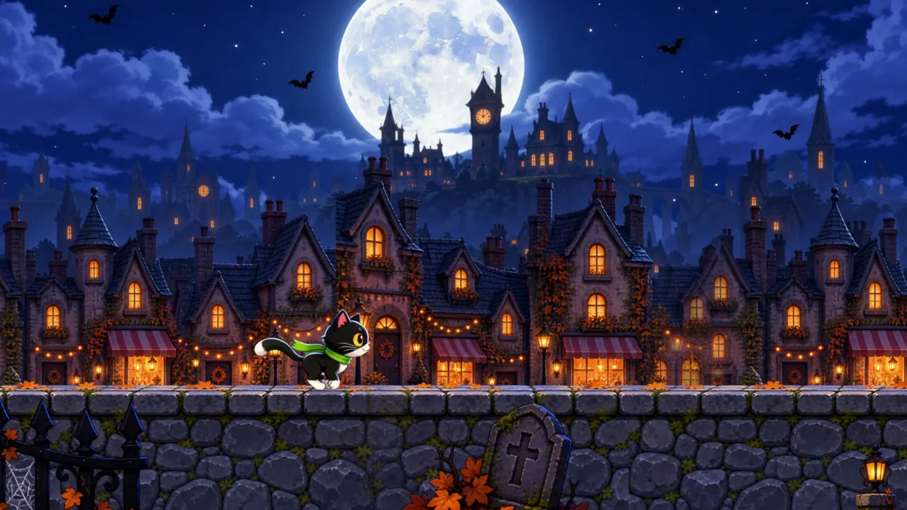 A black cat with a green scarf runs along a stone path in Scenario’s Halloween-themed animation example.