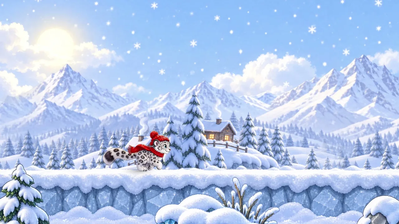 A snow leopard cub wearing a red hat and scarf runs through a layered winter valley in Scenario’s official animation example.