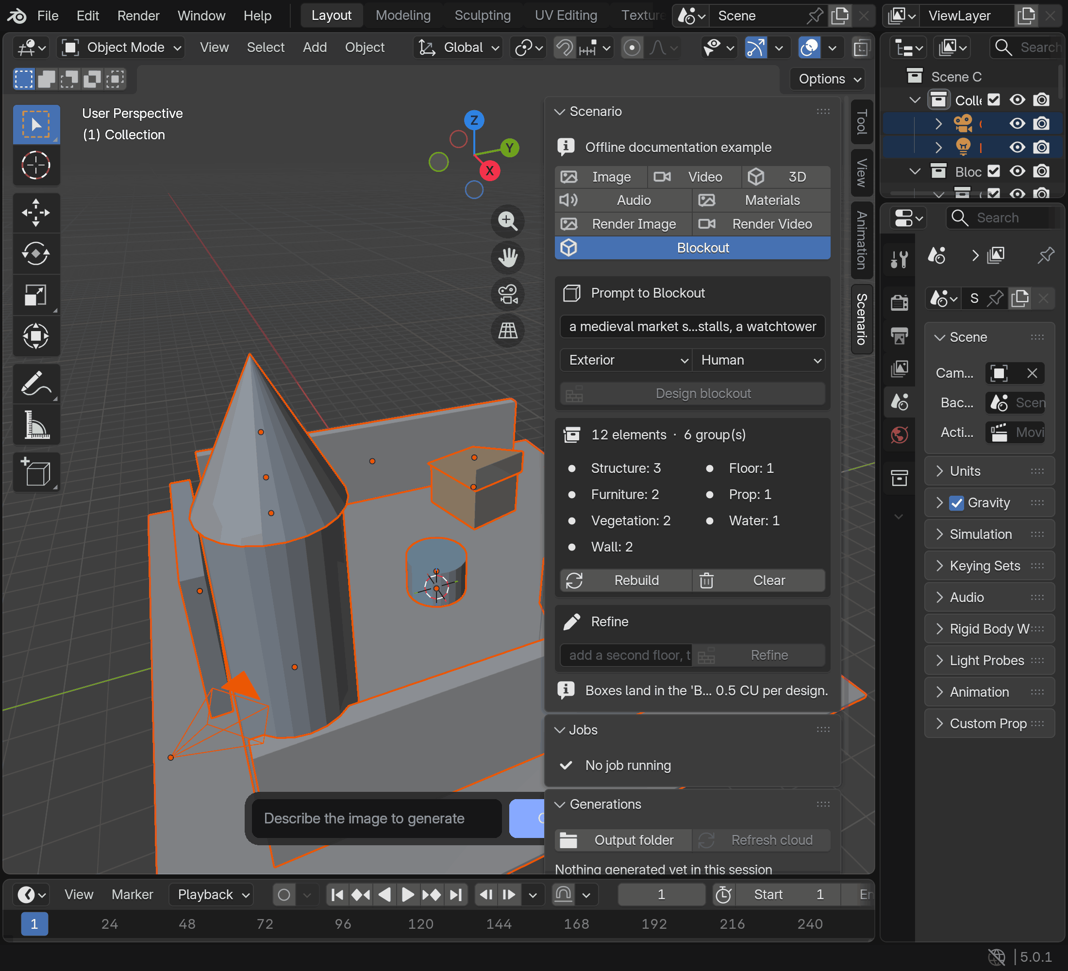 A Blender greybox scene with simple buildings and the Scenario Blockout panel, marked as an offline documentation example.