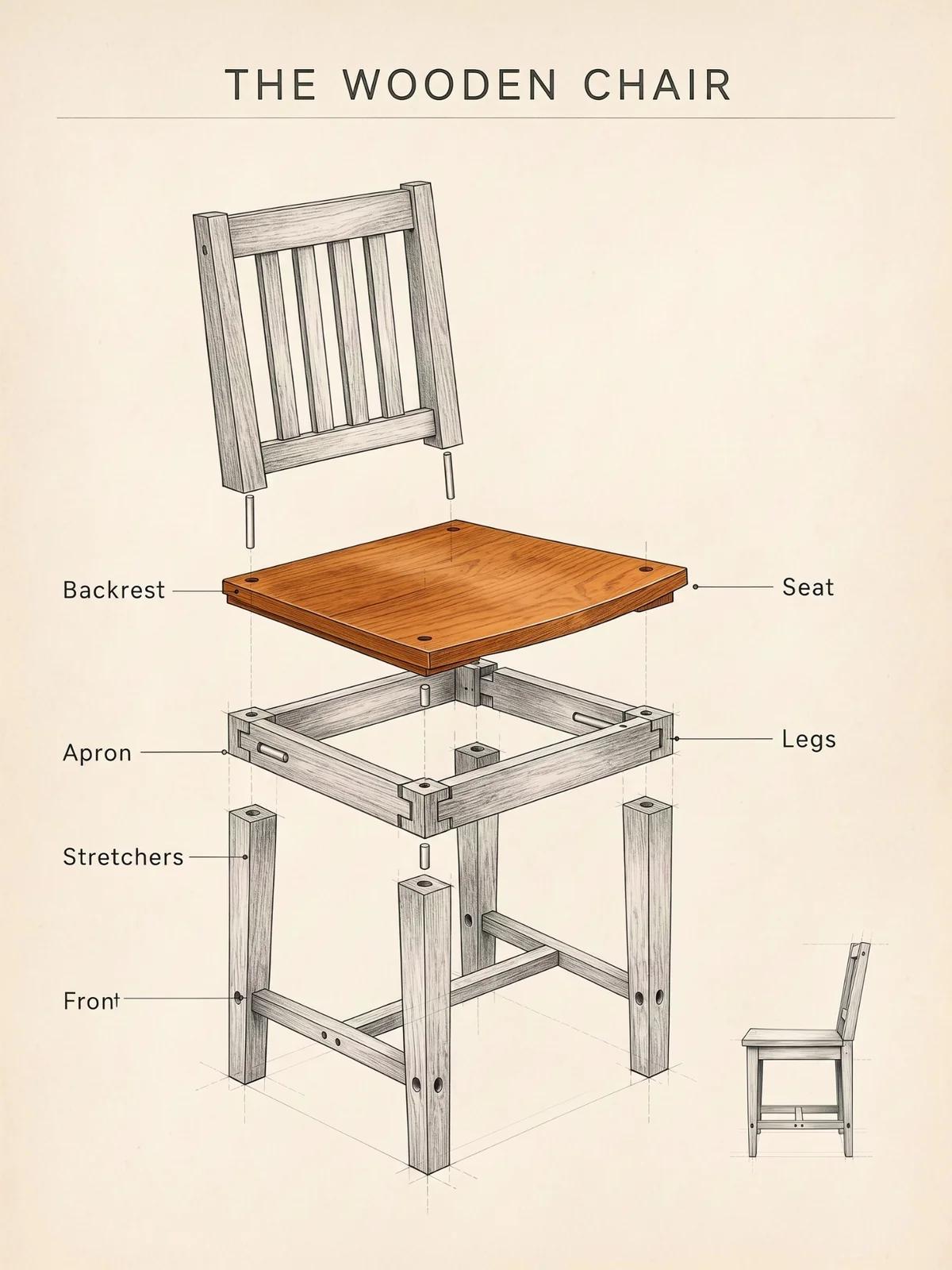 BFL model example: an exploded wooden chair drawing with English part labels and a small assembled chair.