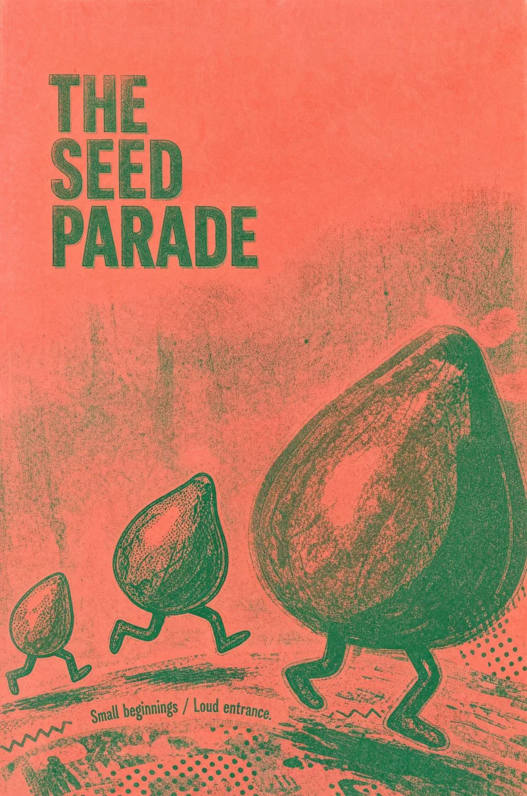 BFL model example: a coral and green poster titled The Seed Parade, with three walking seeds.