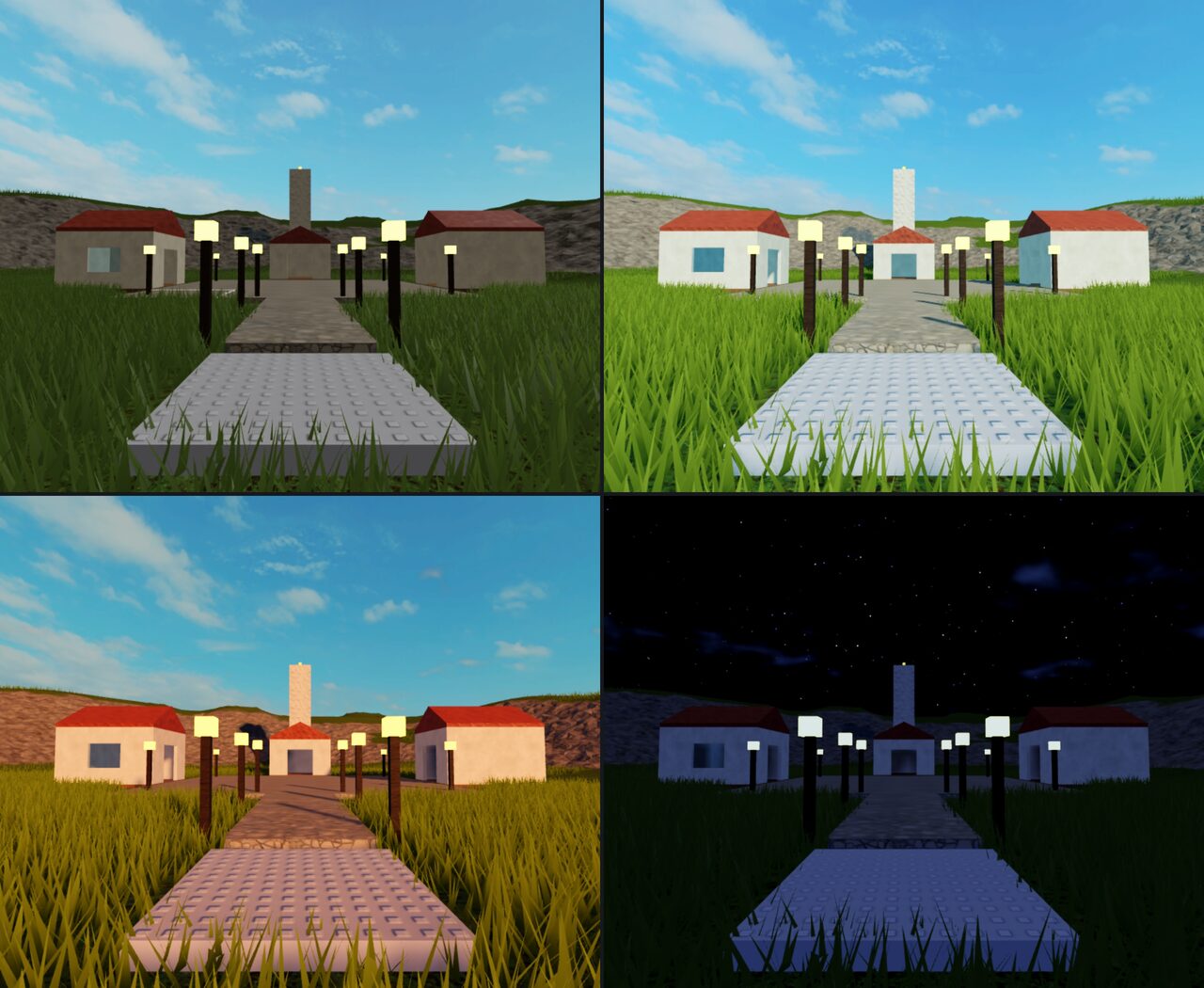 Roblox 同一村落场景的四张原始对照画面，展示中性、白天、日落与夜间光照。