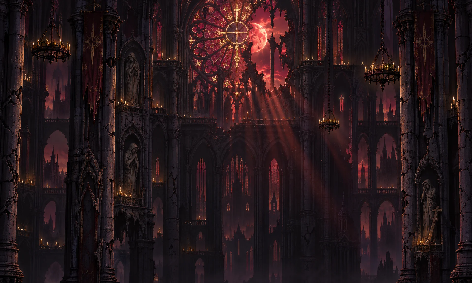 Cathedral background layer with arches, stained glass and red moonlight.