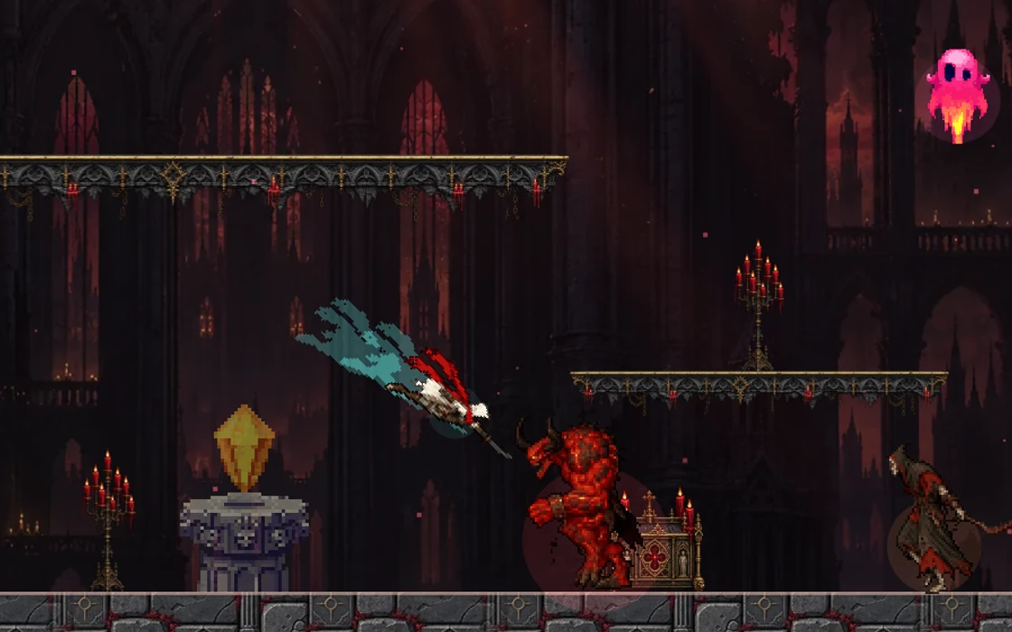 Crimson Tower scene with a huntress, enemies and platforms in a cathedral.