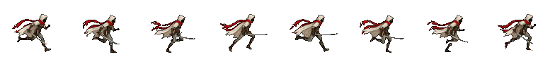 Eight frames of the huntress running to the right on a transparent sprite strip.