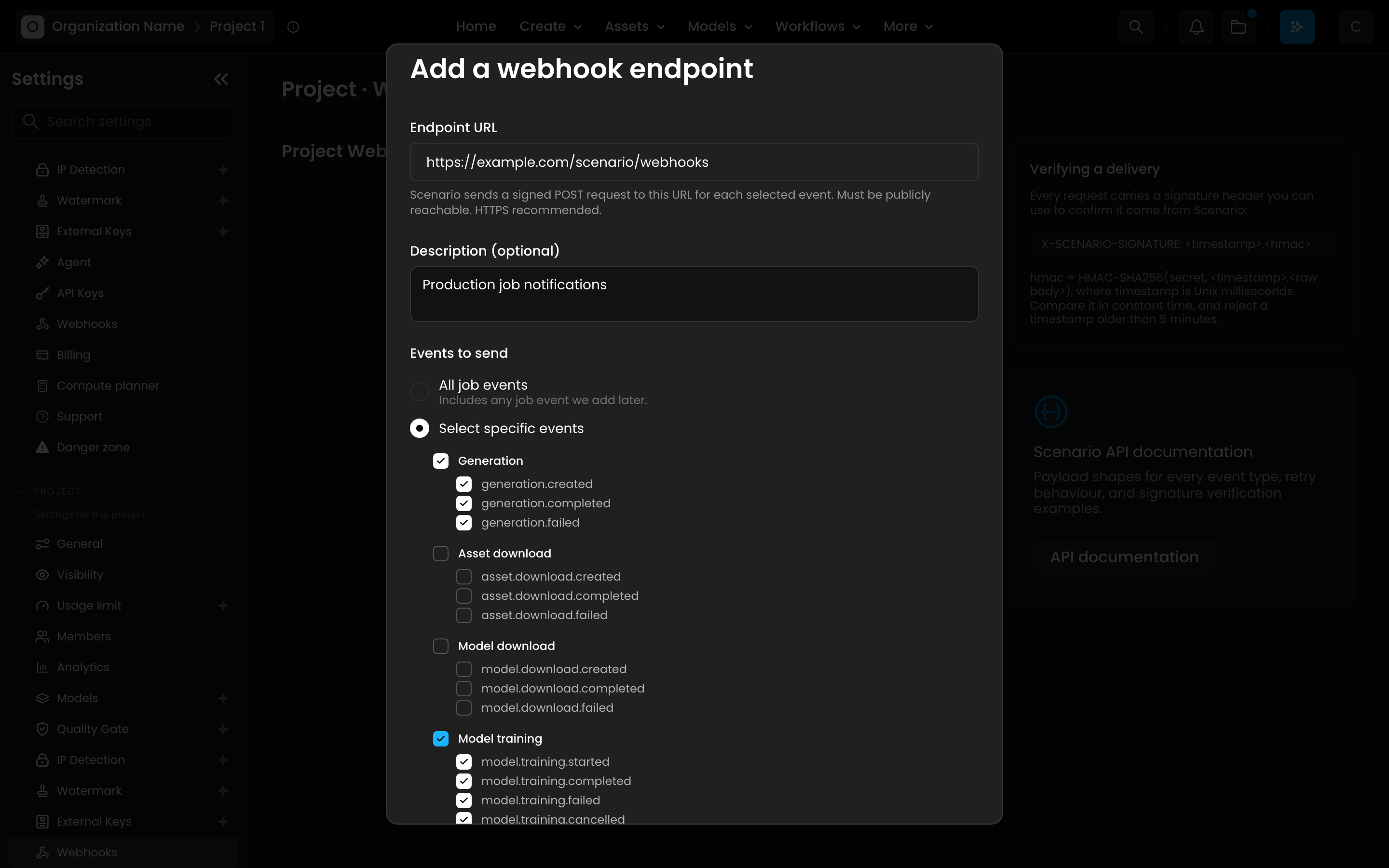 新增 Webhook 端点表单,显示示例地址及生成、训练事件选项。