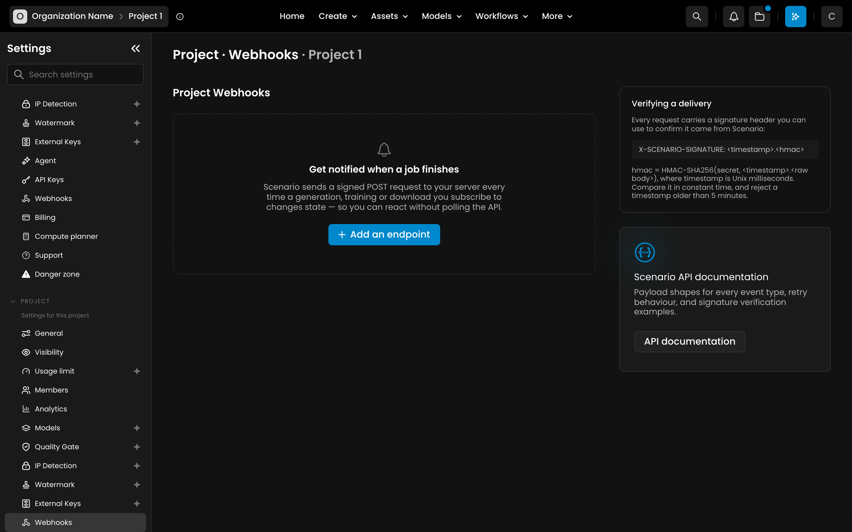Scenario 项目 Webhooks 设置页,显示添加端点按钮与签名核验说明。
