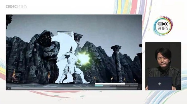 A presentation frame shows a knight fighting in a rocky environment, beside the speaker and CEDEC 2026 branding.