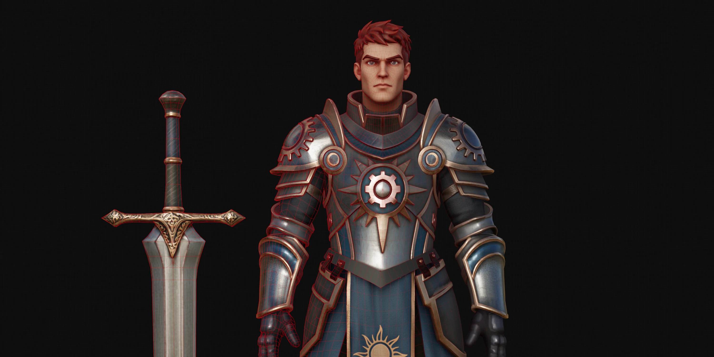 A stylized armored knight and sword on a dark background, with red wireframe lines visible over the model.