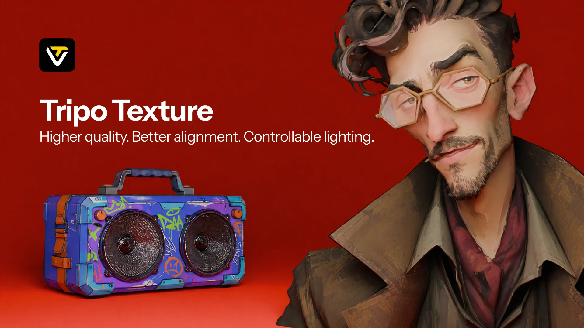 Tripo Texture announcement artwork with a stylized character and a colorful radio.