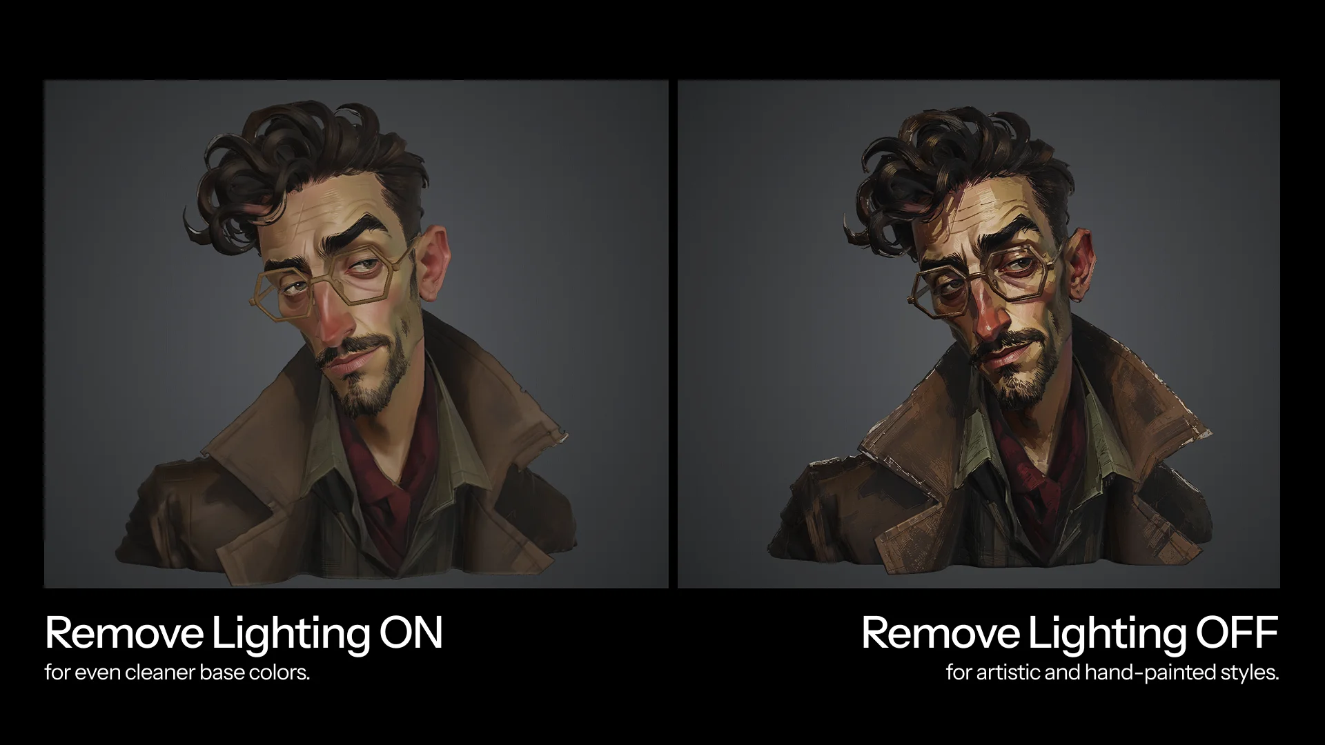 A character model with Remove Lighting on at left and off at right; the right version retains stronger painted shadows and highlights.
