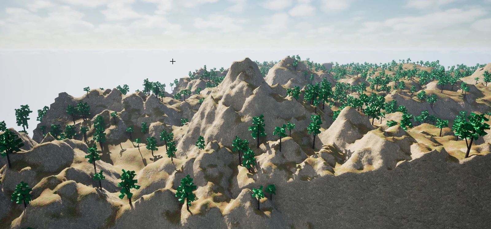UECP Voxel 官方示例中的岩石山坡、地表材质与树木。