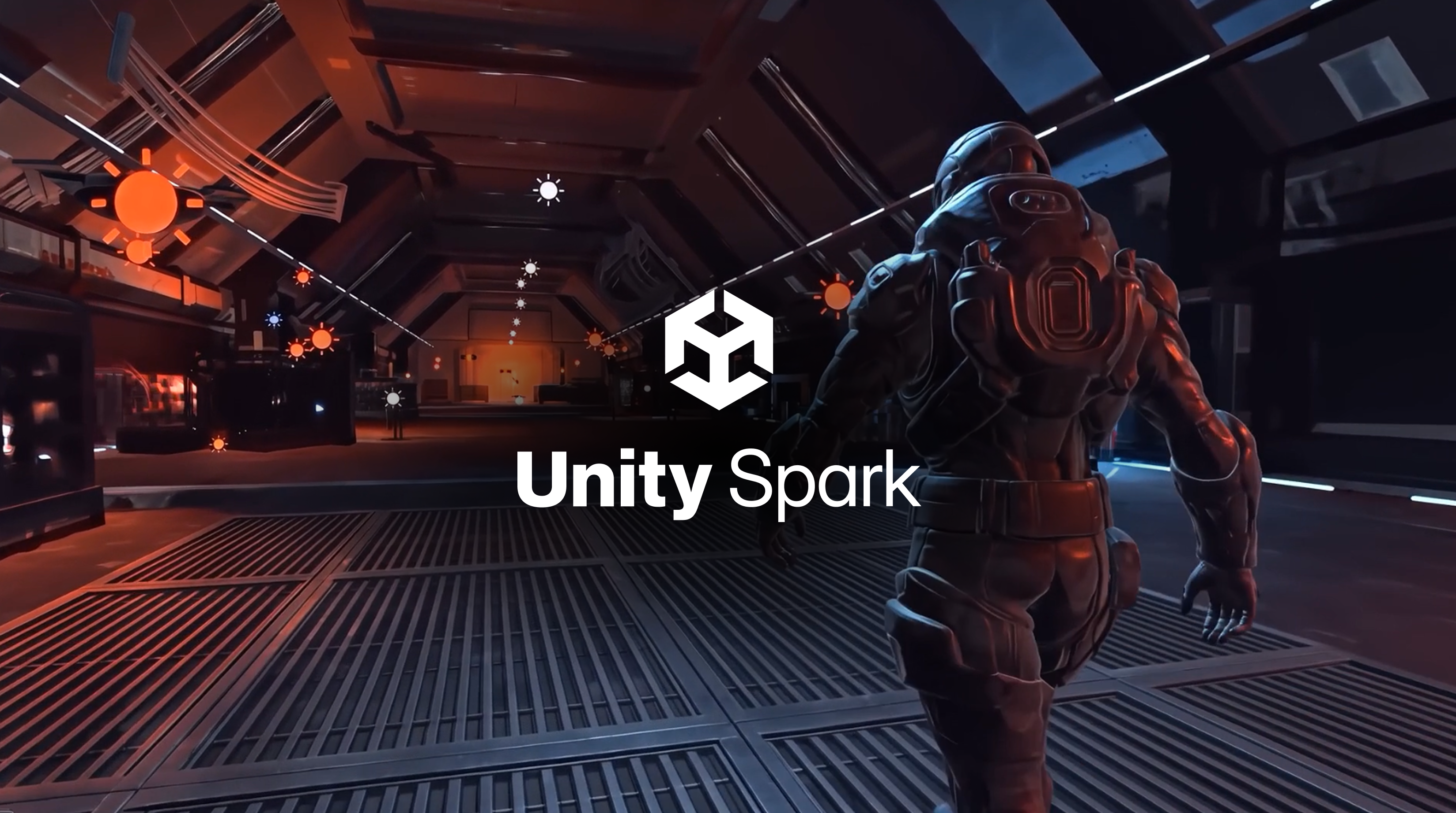 Unity Spark 标志、科幻走廊中的装甲角色和灯光辅助标记。