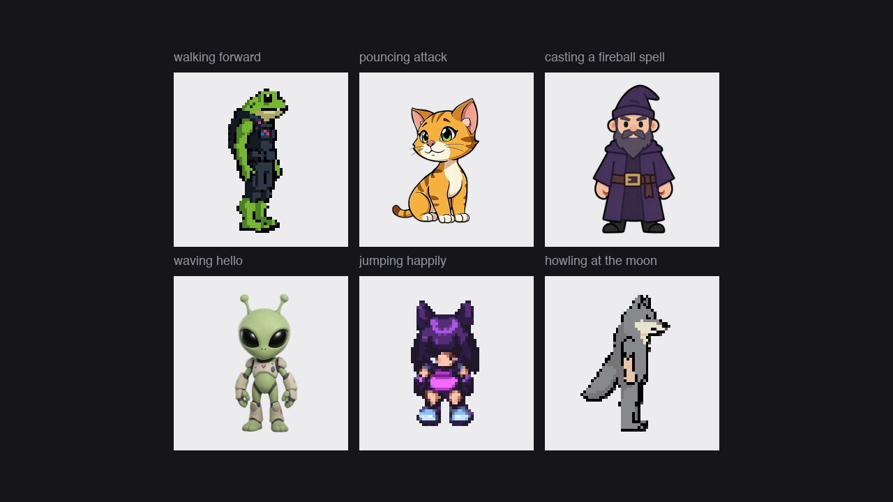 Voidless sprite-animation showcase poster with six characters and prompts for walking, attacking, casting, waving, jumping and howling.