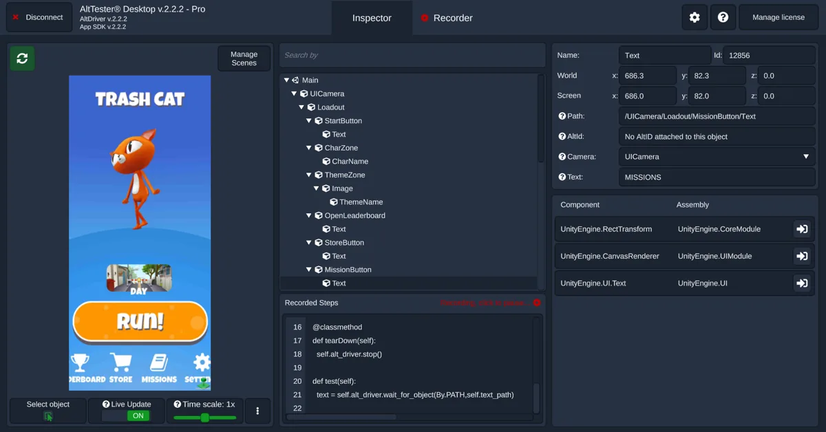 AltTester's official example places the running game, object hierarchy, properties, and recorded steps in one desktop window.