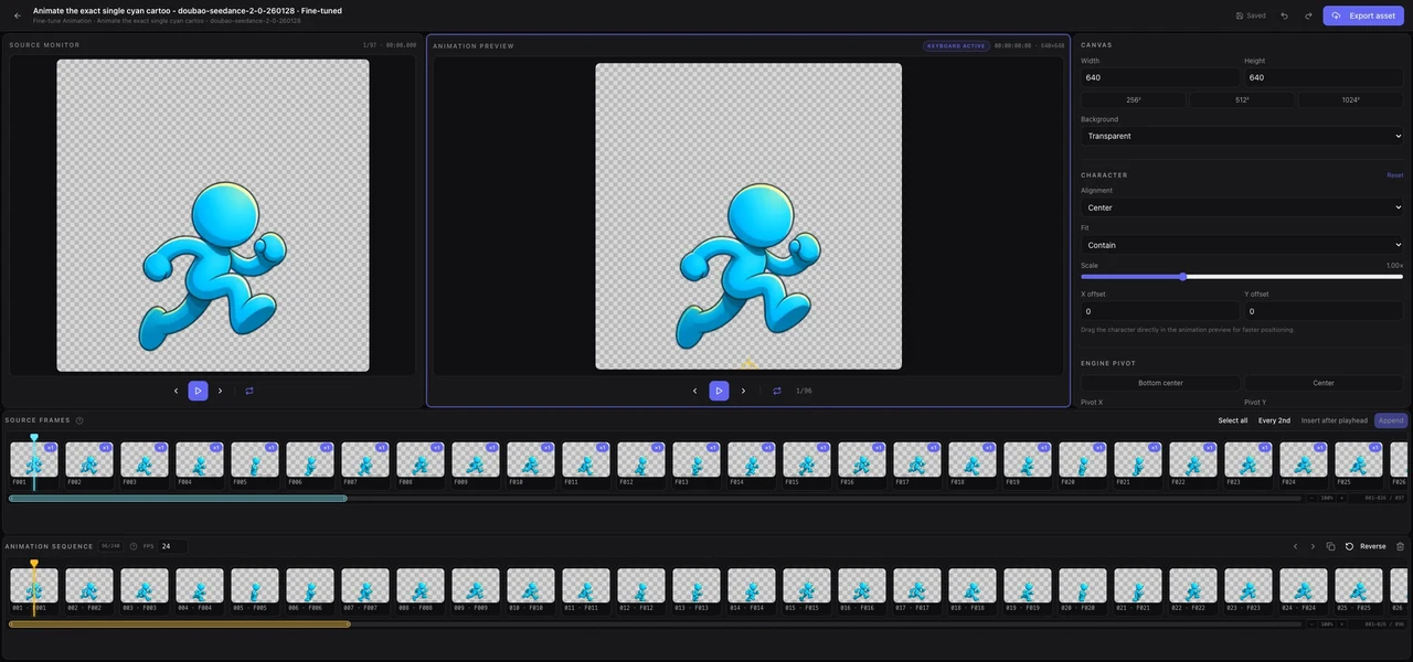 AnimGen Advanced Editor with a cyan character, source frames, an animation sequence and canvas controls