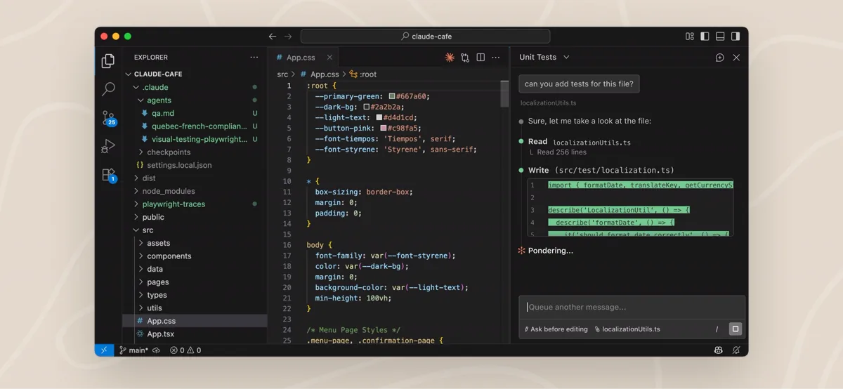Claude Code's official VS Code example places the conversation beside project files and the editor.