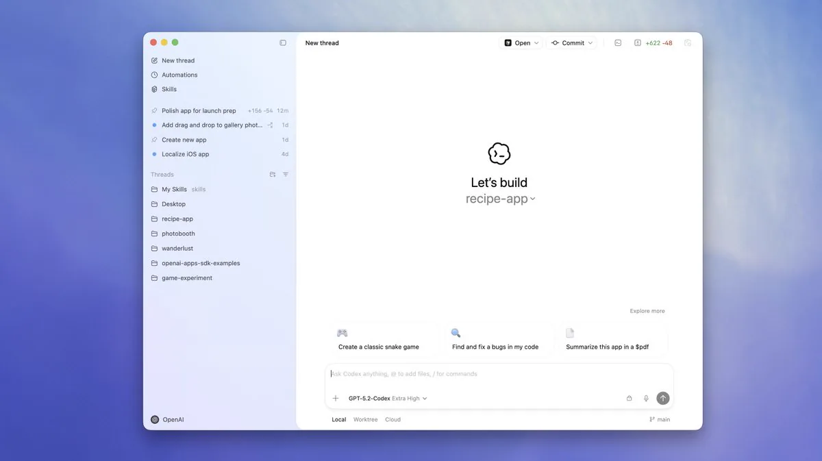 OpenAI's official article shows the Codex desktop workspace with project threads and a new-task composer.