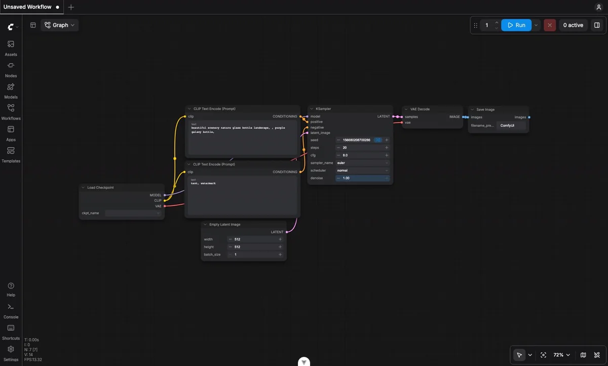 ComfyUI node graph connecting checkpoint, prompts, sampler, decoder, and save image