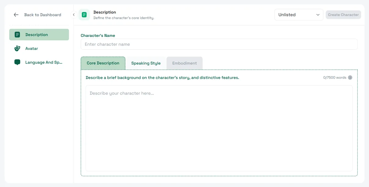 The character editor separates the core description, speaking style, and embodiment settings.