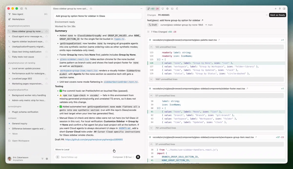 The Cursor 3 demonstration shows an agent list, task summary, and changed files in the same workspace.