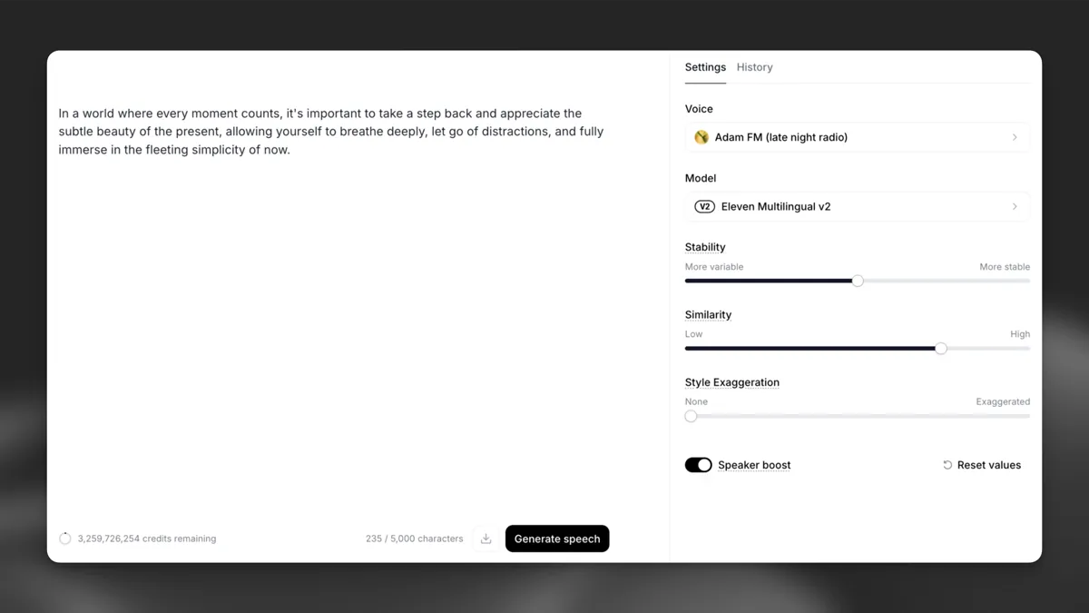 The official Text to Speech guide shows the script box alongside voice, model, and generation settings.