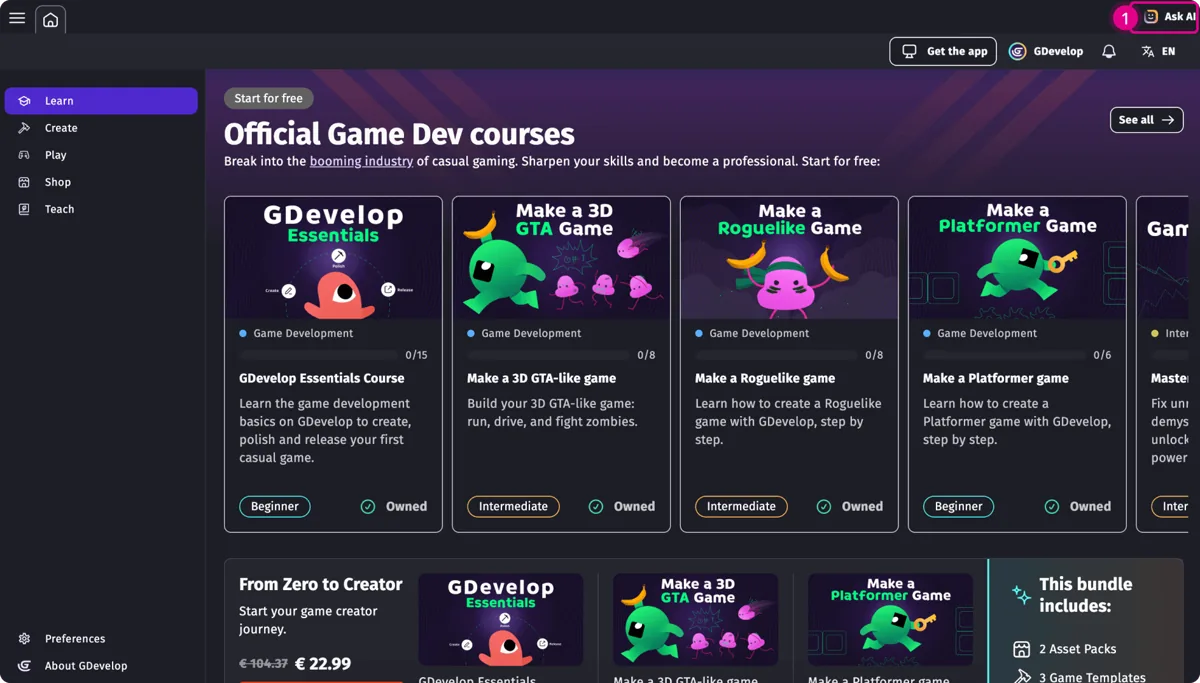 The official guide marks the Ask AI entry in the GDevelop interface.