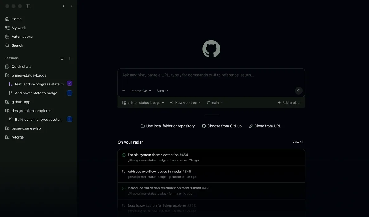 The official Copilot app image shows repositories, recent sessions, and the task prompt in one workspace.