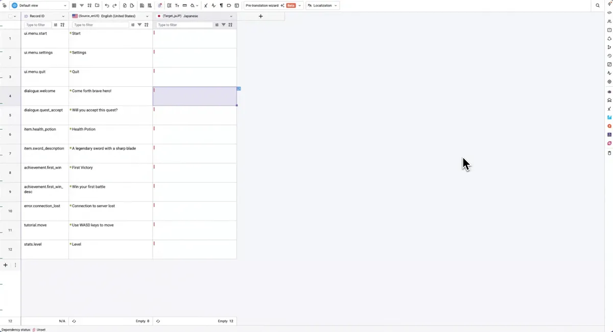 A frame from Gridly's official walkthrough shows game strings organized into records and language columns.