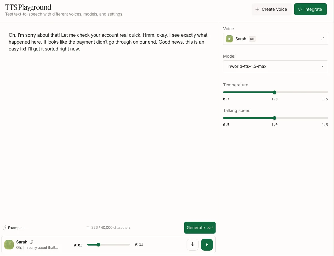 The TTS Playground example combines text input, model and voice selection, speed controls, and an audio preview.