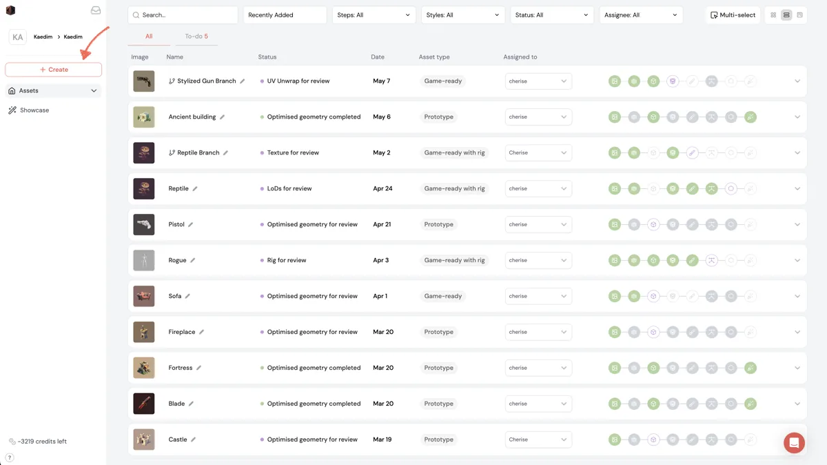 Kaedim's quick-start guide shows an asset list with production stages and review progress.
