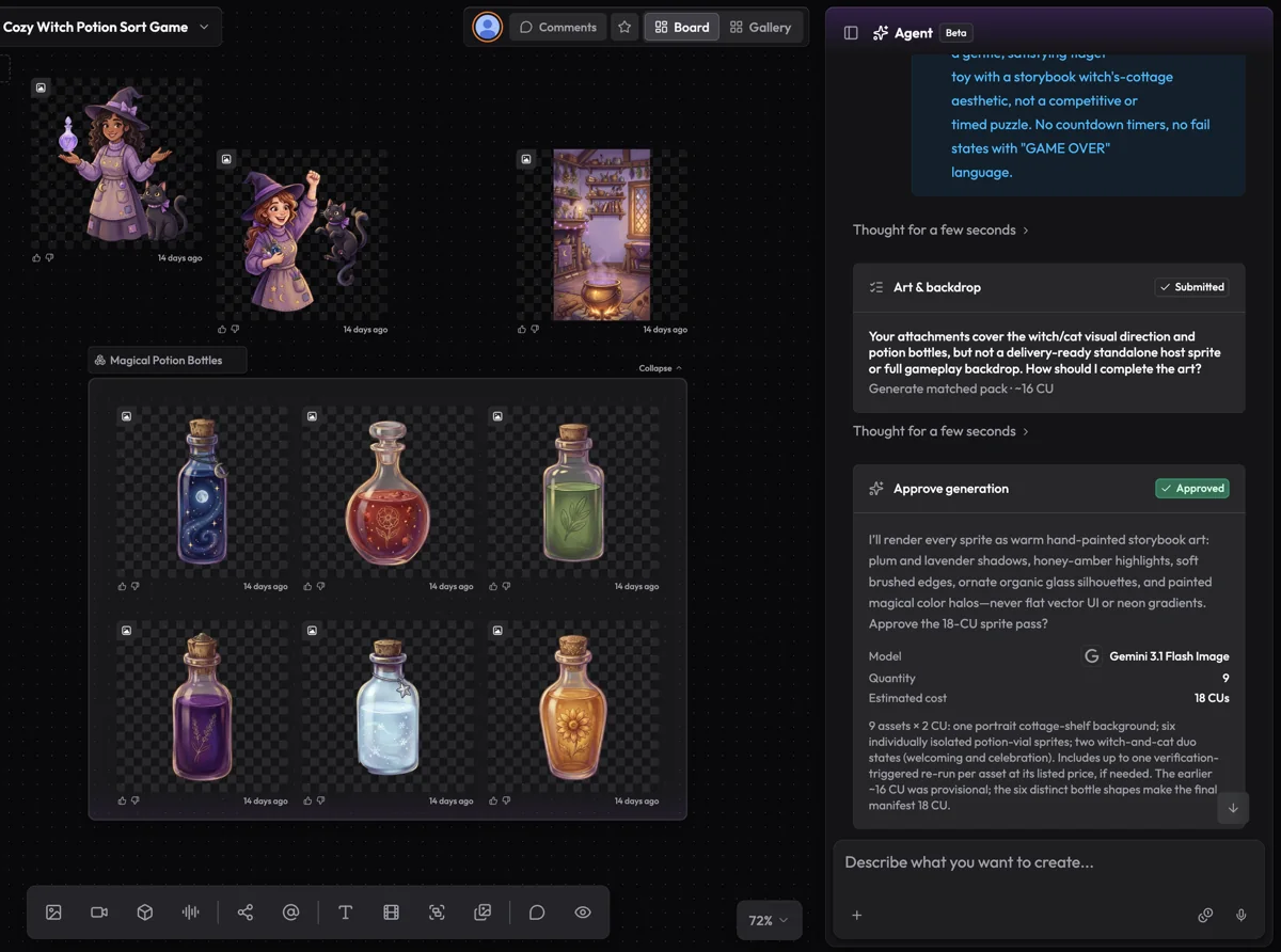 Layer Agent chat beside a visual board of game art assets
