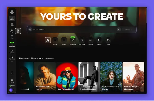 Leonardo's official quickstart shows the prompt entry, creation tools, and featured Blueprints on the home screen.