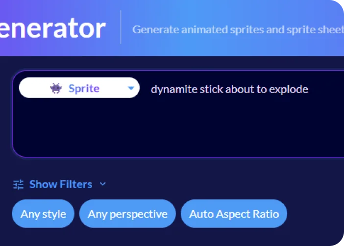 The Sprite Generator example shows a text prompt with style, perspective, and aspect-ratio controls.