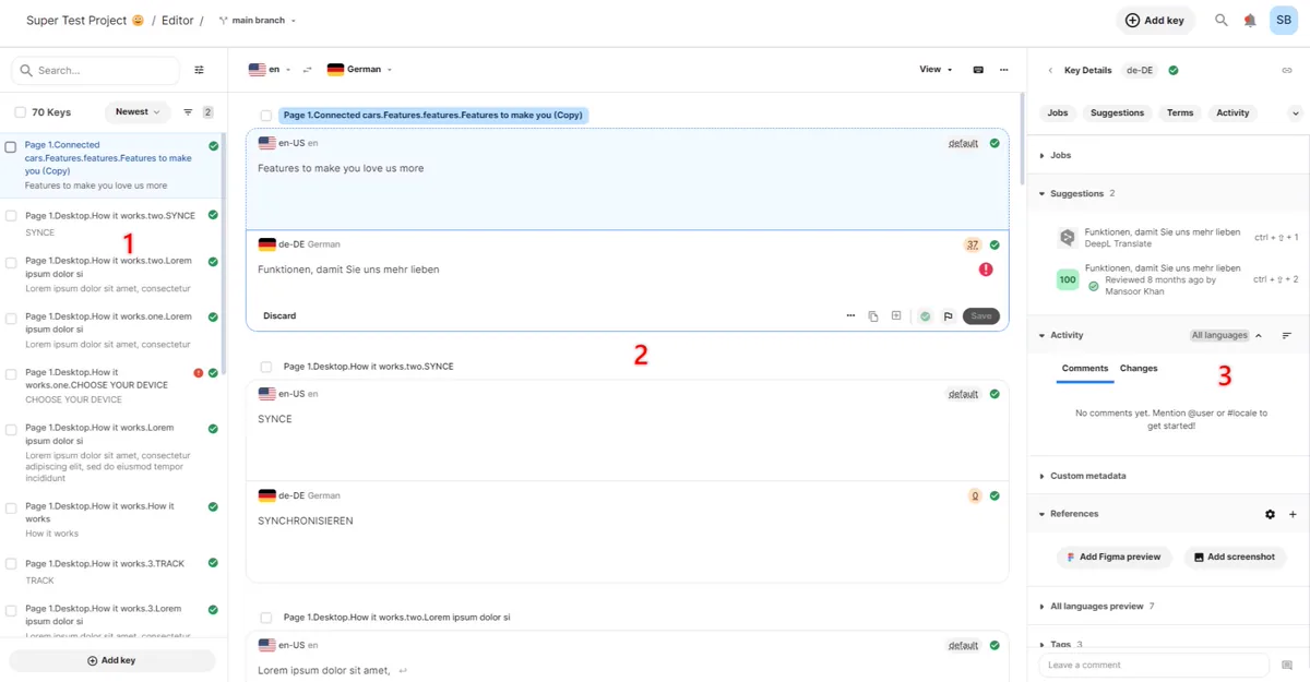 The Phrase Strings editor separates string keys, source and target text, and contextual information into three areas.
