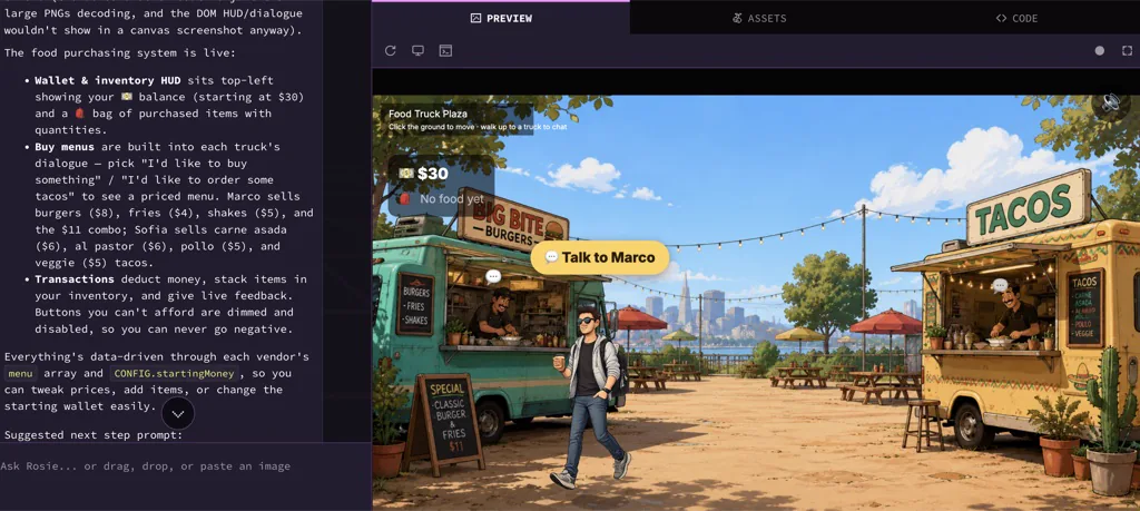 The official editor image places the Rosie conversation beside a playable game preview.