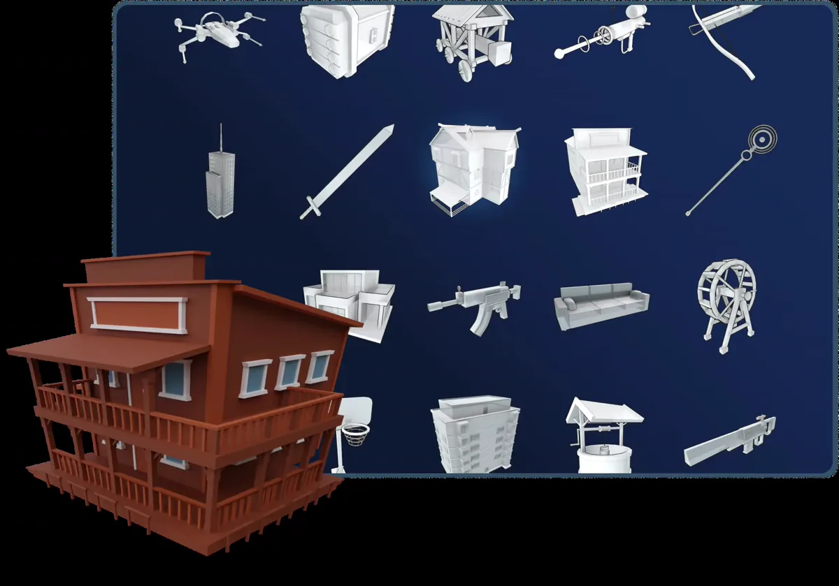 Sloyd's template showcase includes buildings, furniture, and props, illustrating its parametric asset route.