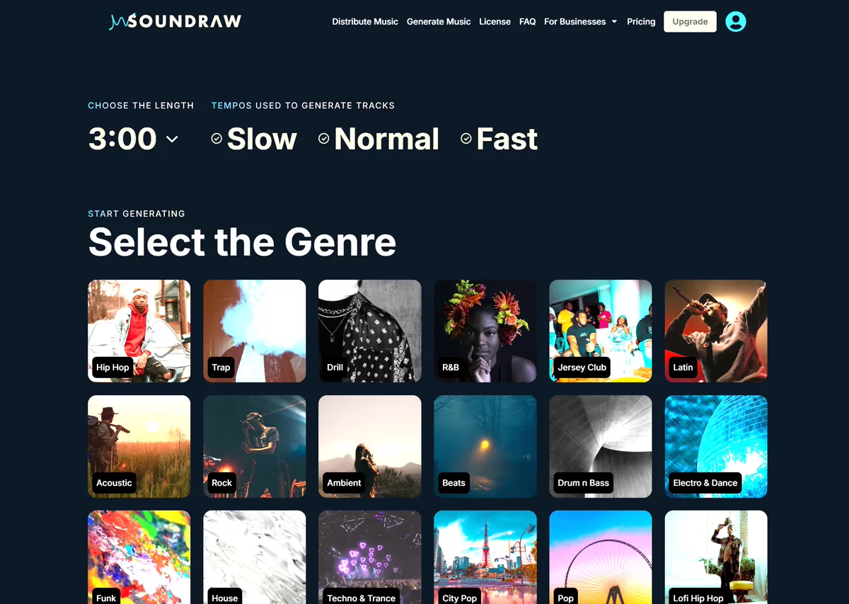 SOUNDRAW's walkthrough starts with track length, tempo, and genre selection.