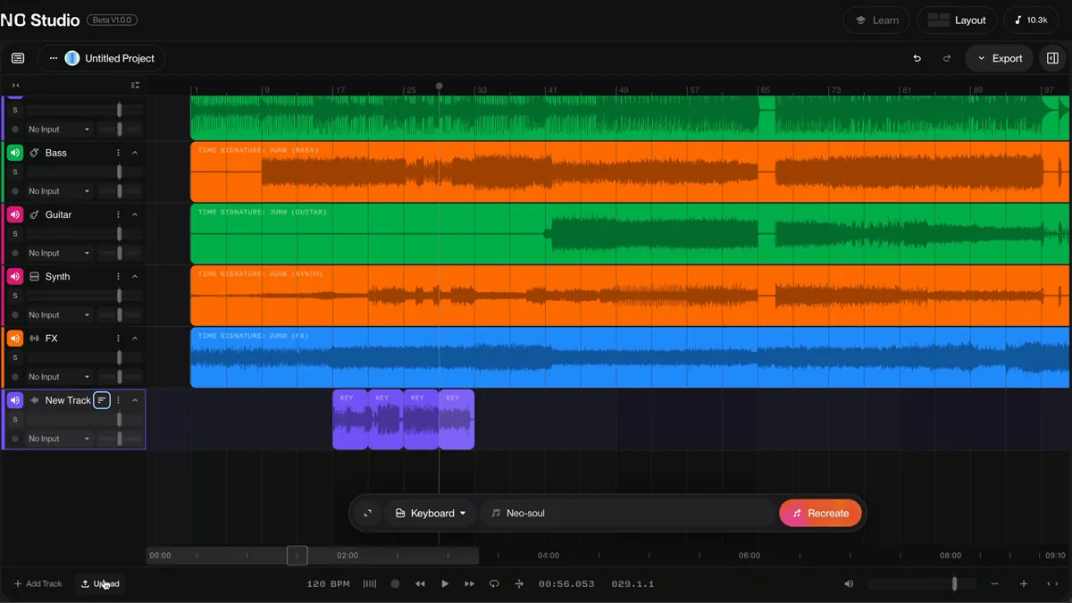 A still from Suno's official Studio tutorial shows instrument tracks, waveforms, and the context-sensitive creation bar.