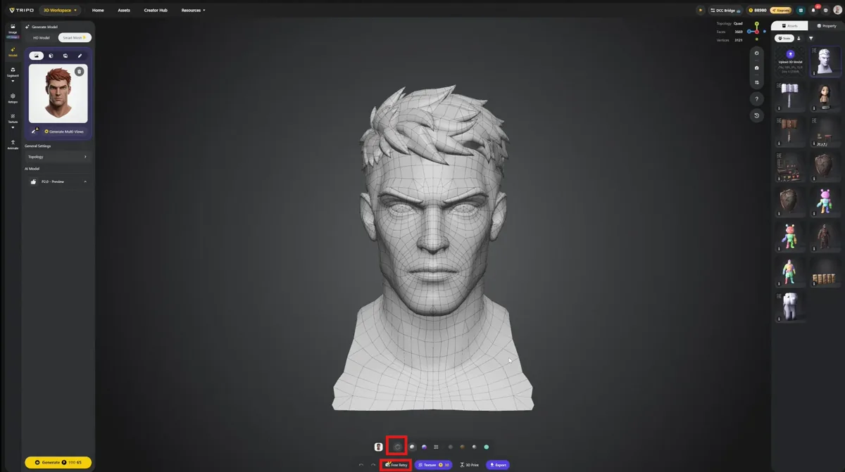 Tripo's character-workflow case study shows a generated head and its quad wireframe in the Studio viewport.