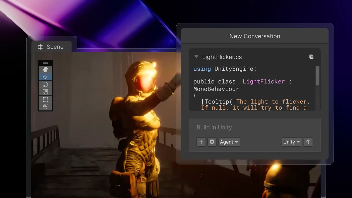 Unity's official illustration places the Assistant conversation and generated script alongside the Scene view.